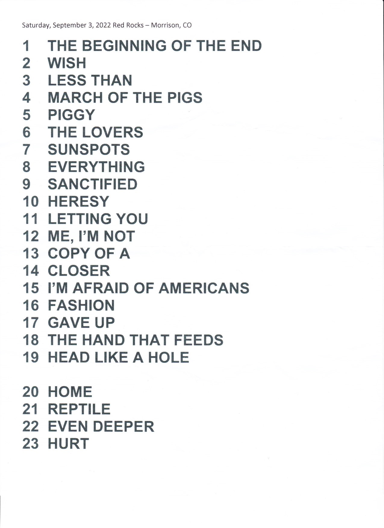 09/03/2022 Red Rocks Night 2 Setlist
